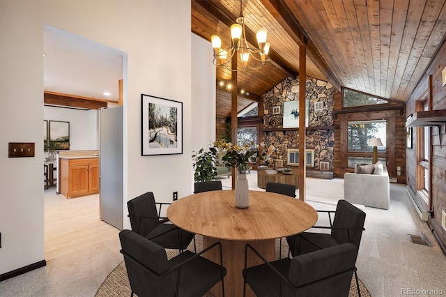 153 Divide View Dr, Golden, CO 80403 - dining space featuring a wooden ceiling with exposed beams, high vaulted ceiling, and a chandelier