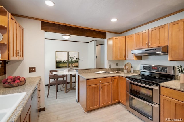 153 Divide View Dr, Golden, CO 80403 - kitchen with stainless steel appliances, under cabinet range hood, open shelves, a peninsula, and recessed lighting