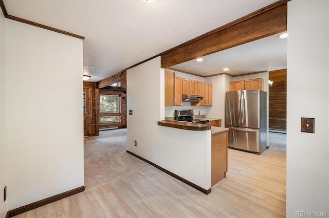 153 Divide View Dr, Golden, CO 80403 - kitchen with appliances with stainless steel finishes, under cabinet range hood, crown molding, light wood finished floors, and a peninsula