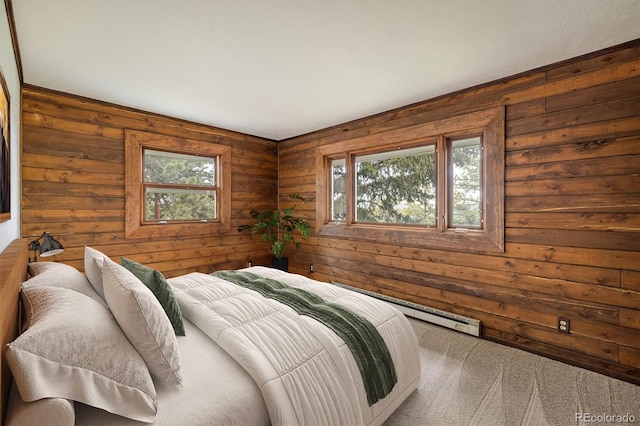 153 Divide View Dr, Golden, CO 80403 - carpeted bedroom with multiple windows, wood walls, and a baseboard heating unit