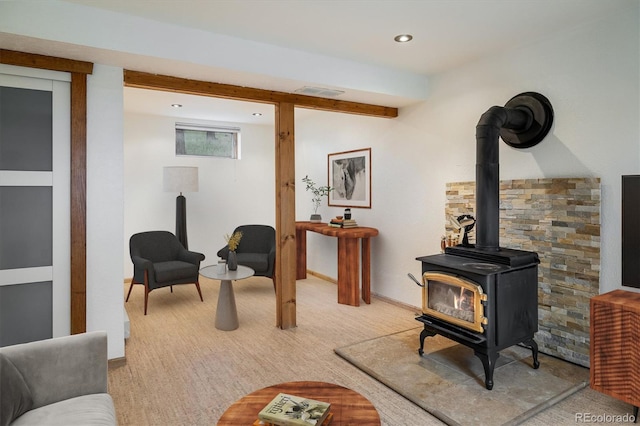 153 Divide View Dr, Golden, CO 80403 - living area with a wood stove, recessed lighting, and beamed ceiling