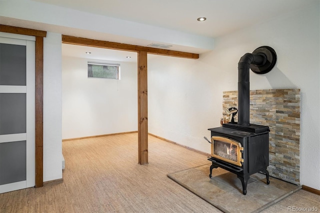 153 Divide View Dr, Golden, CO 80403 - finished basement with a wood stove and recessed lighting