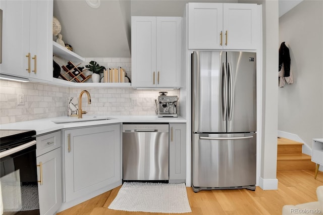 kitchen featuring decorative backsplash, sink, white cabinets, and appliances with stainless steel finishes