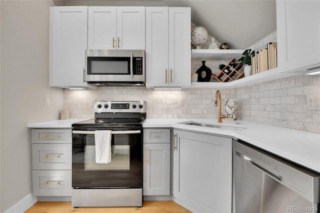 kitchen with white cabinetry, appliances with stainless steel finishes, backsplash, light hardwood / wood-style flooring, and sink