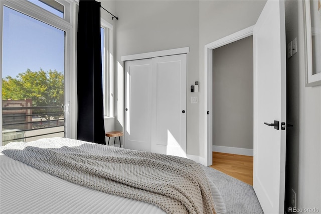 bedroom featuring hardwood / wood-style floors and a closet