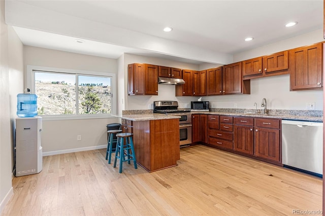 319 Camino Bosque, Boulder, CO 80302 - kitchen featuring stainless steel appliances, light wood-type flooring, a kitchen bar, under cabinet range hood, and recessed lighting