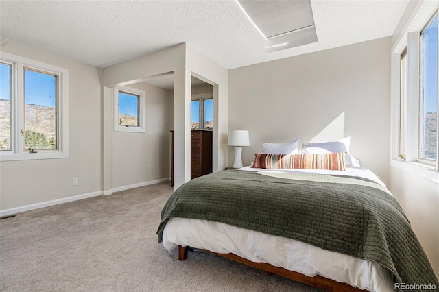 319 Camino Bosque, Boulder, CO 80302 - carpeted bedroom with multiple windows, attic access, and a textured ceiling