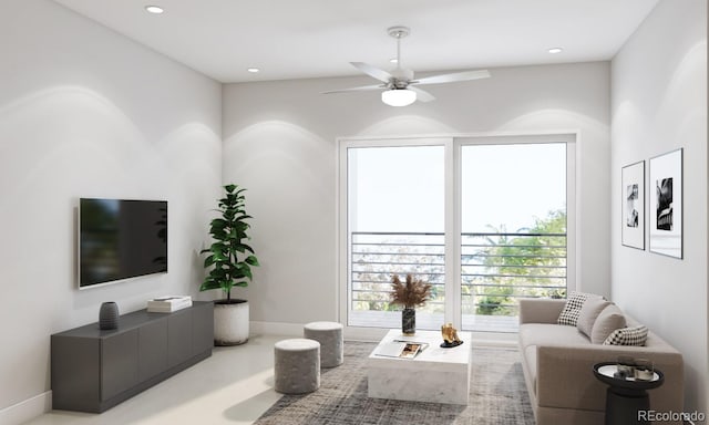 living area with recessed lighting, ceiling fan, and baseboards