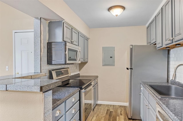 kitchen featuring gray cabinets, sink, electric panel, stainless steel appliances, and light hardwood / wood-style flooring