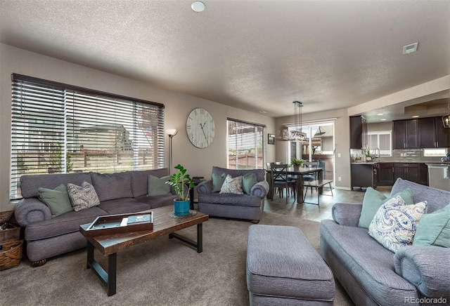 living room featuring a textured ceiling, visible vents, a healthy amount of sunlight, and light carpet