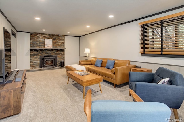 30221 Marge Ln, Evergreen, CO 80439 - living room with a wood stove, ornamental molding, and recessed lighting