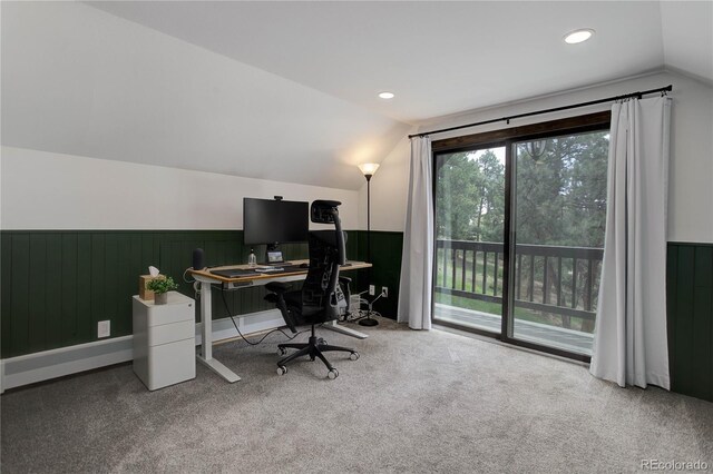 30221 Marge Ln, Evergreen, CO 80439 - carpeted office space featuring lofted ceiling, wainscoting, and recessed lighting