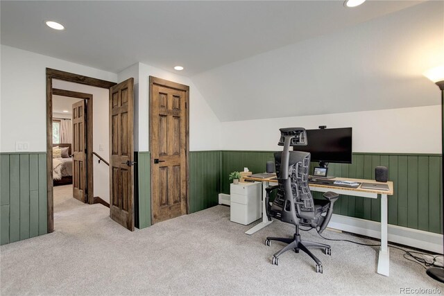 30221 Marge Ln, Evergreen, CO 80439 - home office featuring a wainscoted wall, carpet floors, lofted ceiling, wood walls, and recessed lighting