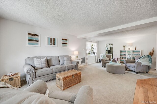 11760 Eudora Ct, Thornton, CO 80233 - living room with a textured ceiling, light carpet, baseboards, and beam ceiling