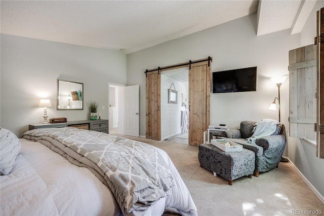 11760 Eudora Ct, Thornton, CO 80233 - bedroom featuring a barn door, light carpet, vaulted ceiling, and baseboards