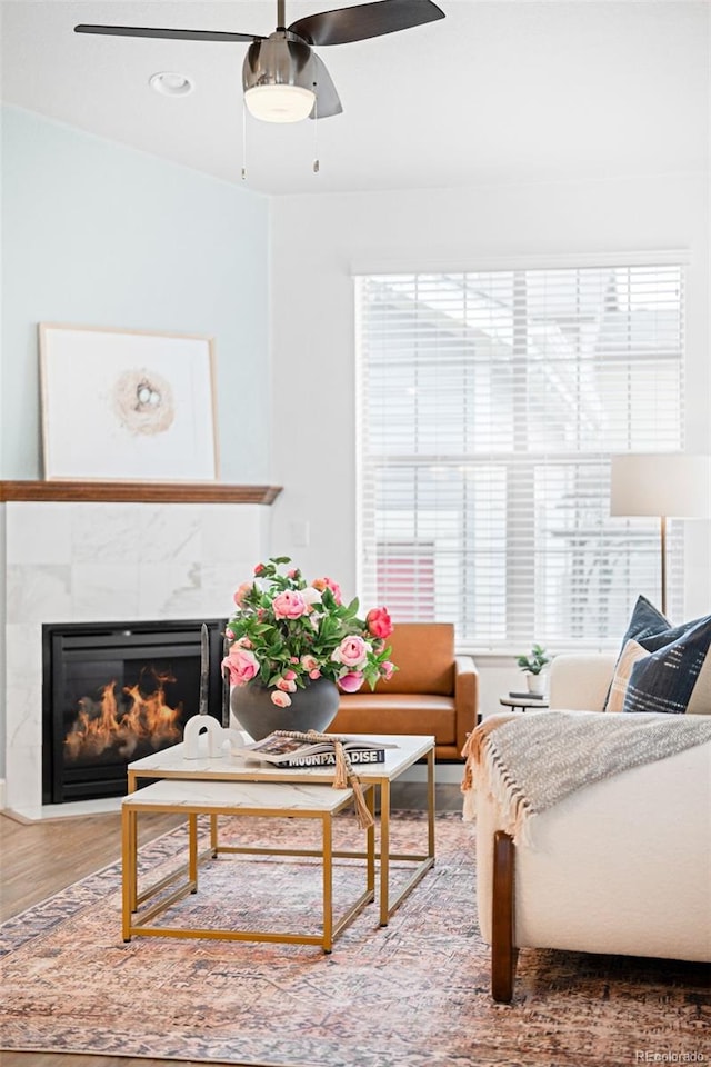 living room with a ceiling fan, a fireplace, and wood finished floors