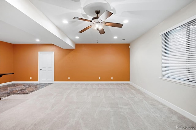 carpeted empty room featuring recessed lighting, baseboards, and ceiling fan