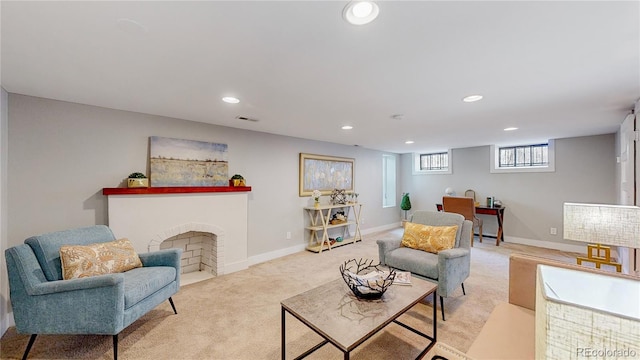 living room featuring light carpet