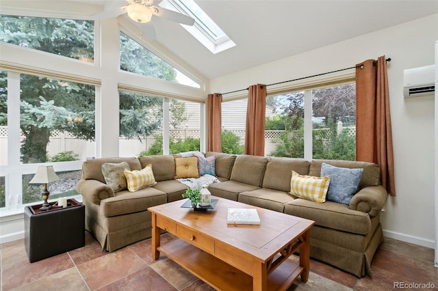 4803 N Weber St, Colorado Springs, CO 80907 - living area with a skylight, an AC wall unit, ceiling fan, light stone finish floors, and high vaulted ceiling