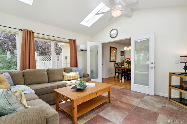 4803 N Weber St, Colorado Springs, CO 80907 - living room with a skylight, a wall unit AC, a chandelier, high vaulted ceiling, and a ceiling fan