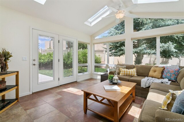 4803 N Weber St, Colorado Springs, CO 80907 - sunroom / solarium featuring a skylight, french doors, high vaulted ceiling, and beamed ceiling