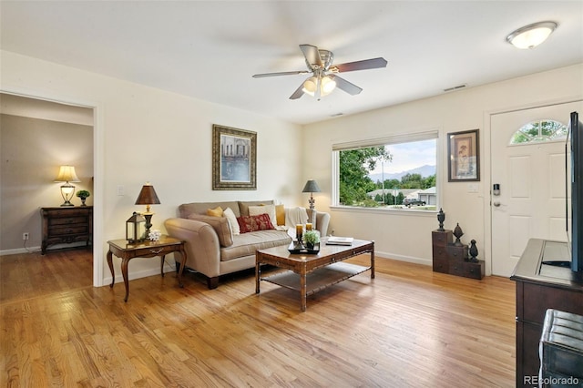 4803 N Weber St, Colorado Springs, CO 80907 - living room featuring ceiling fan and light wood-type flooring