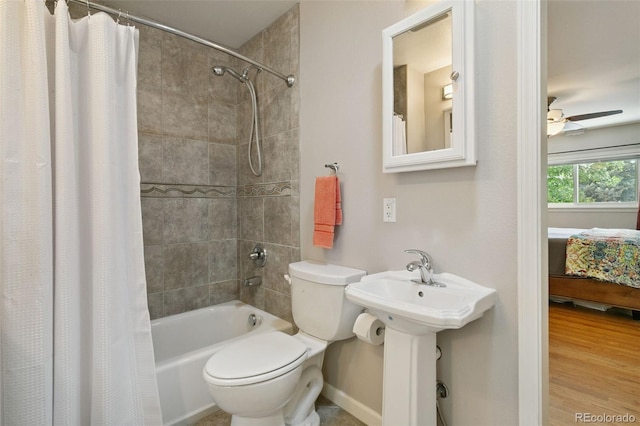 4803 N Weber St, Colorado Springs, CO 80907 - full bathroom featuring shower / bathtub combination with curtain, ceiling fan, and wood finished floors