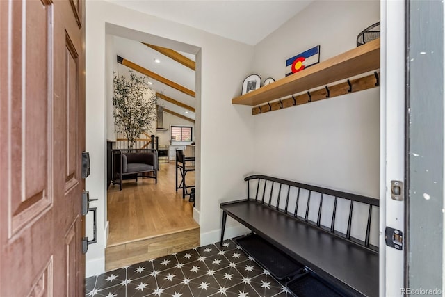 249 E Coyote Ct, Silverthorne, CO 80498 - mudroom featuring beamed ceiling, wood finished floors, and recessed lighting