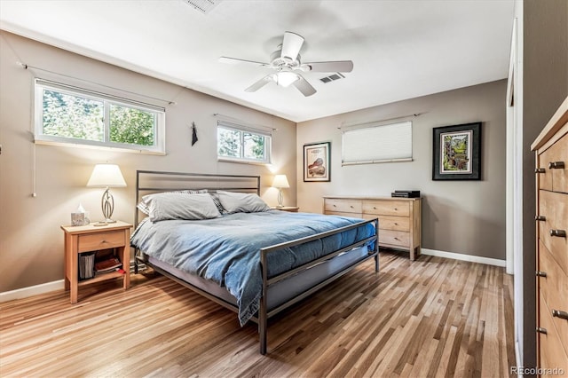 bedroom with ceiling fan and light hardwood / wood-style flooring