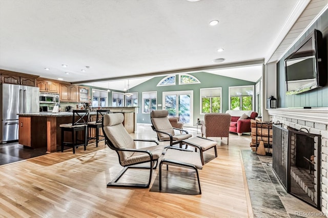 living room featuring light wood-type flooring and vaulted ceiling