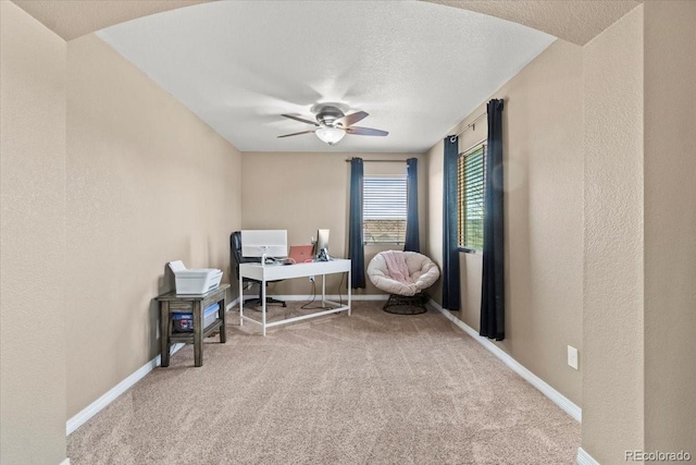5404 Fawn Ridge Way, Castle Rock, CO 80104 - office with a ceiling fan, carpet, a textured wall, and baseboards