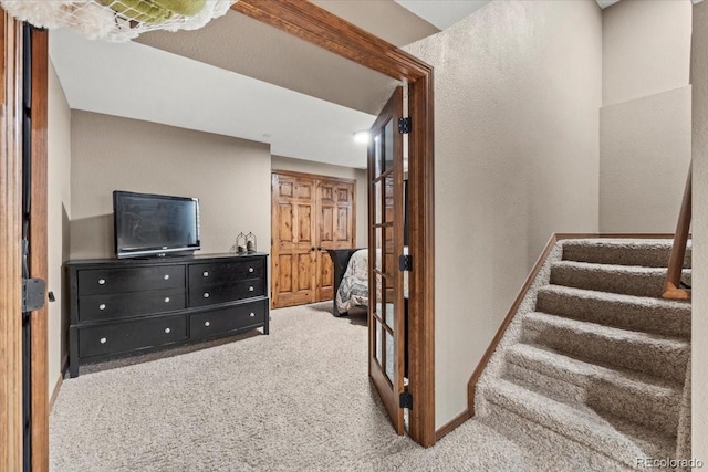 5404 Fawn Ridge Way, Castle Rock, CO 80104 - staircase featuring carpet, a textured wall, and baseboards