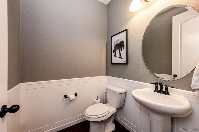 half bathroom featuring wainscoting, a textured wall, a sink, and toilet