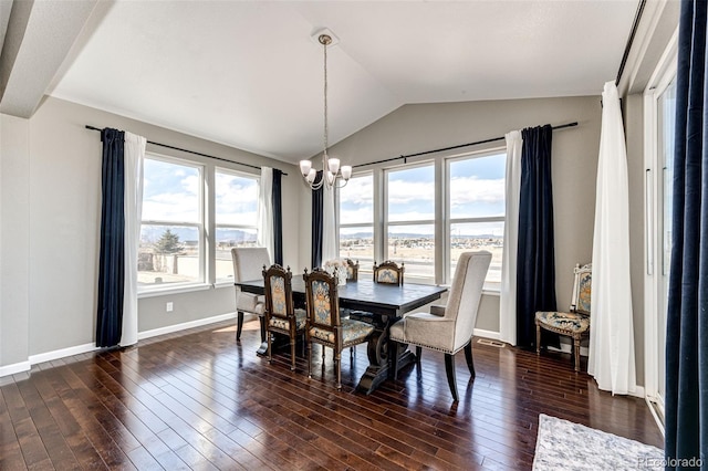 dining space with lofted ceiling, baseboards, a chandelier, and dark wood finished floors