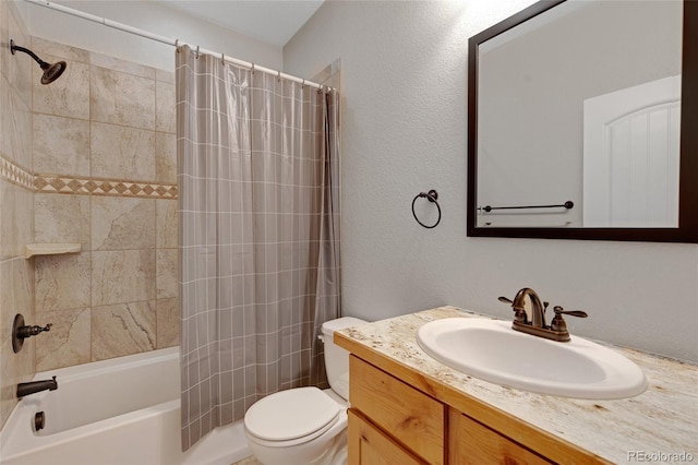 full bathroom featuring vanity, toilet, and shower / bathtub combination with curtain