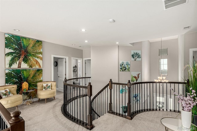 5964 E 141st Ave, Thornton, CO 80602 - hall with an upstairs landing, carpet, a chandelier, and recessed lighting