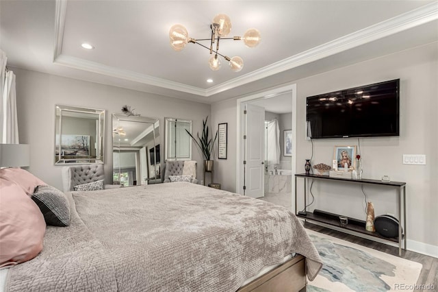 5964 E 141st Ave, Thornton, CO 80602 - bedroom with a chandelier, wood finished floors, recessed lighting, a tray ceiling, and crown molding