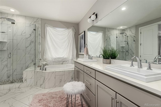 5964 E 141st Ave, Thornton, CO 80602 - full bath featuring marble look tile flooring, a bath, a marble finish shower, double vanity, and recessed lighting