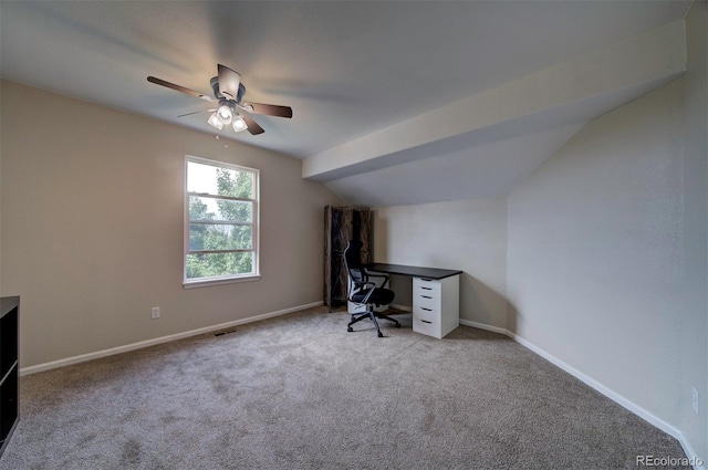 12535 S Beaver Creek Way, Parker, CO 80134 - home office featuring vaulted ceiling, carpet flooring, and ceiling fan