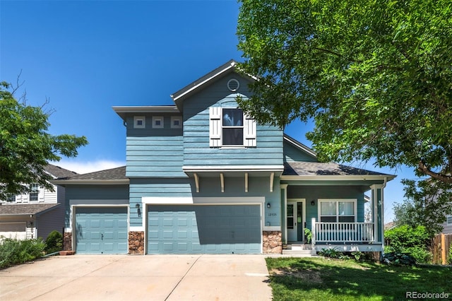 12535 S Beaver Creek Way, Parker, CO 80134 - view of front facade featuring driveway, covered porch, stone siding, and a garage