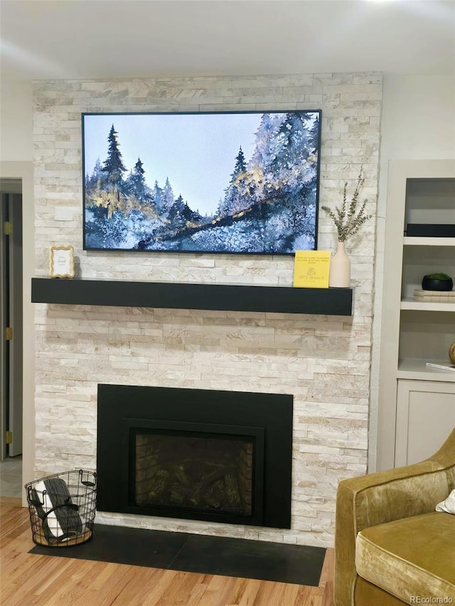 details featuring built in shelves, wood-type flooring, and a stone fireplace