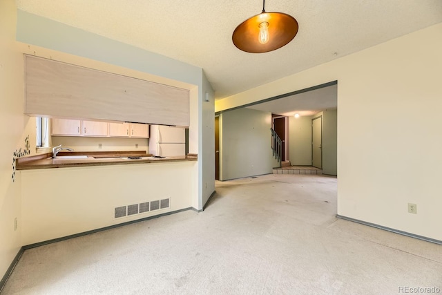 unfurnished living room with a textured ceiling, light colored carpet, and sink