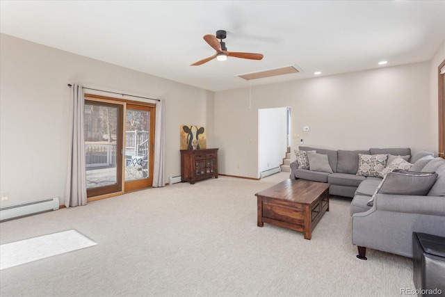 carpeted living room with baseboard heating, recessed lighting, attic access, and a baseboard radiator