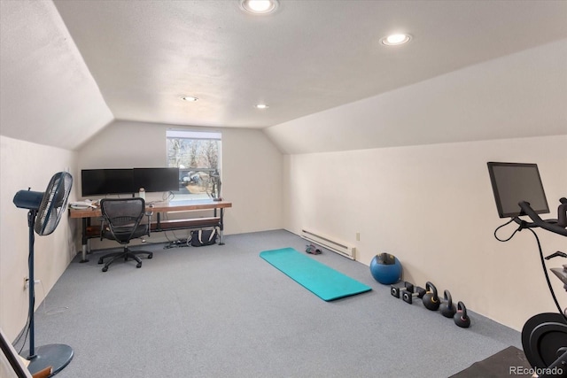 exercise room featuring recessed lighting, a baseboard heating unit, lofted ceiling, and carpet flooring