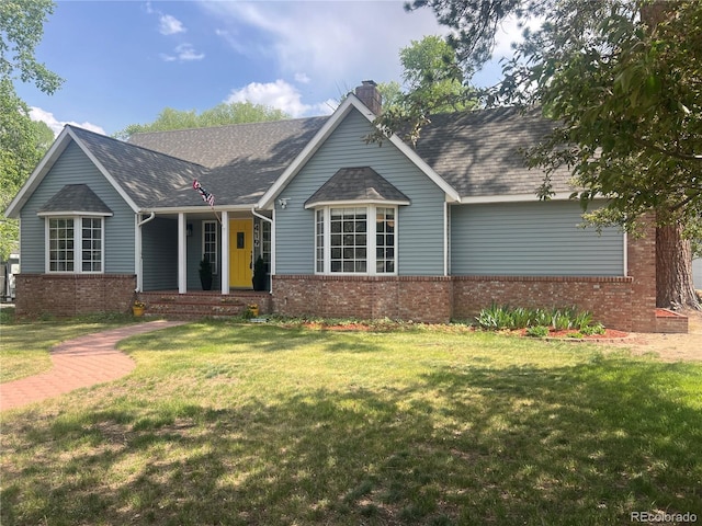 419 Princeton Ave, Buena Vista, CO 81211 - ranch-style house with brick siding, a front lawn, and a chimney
