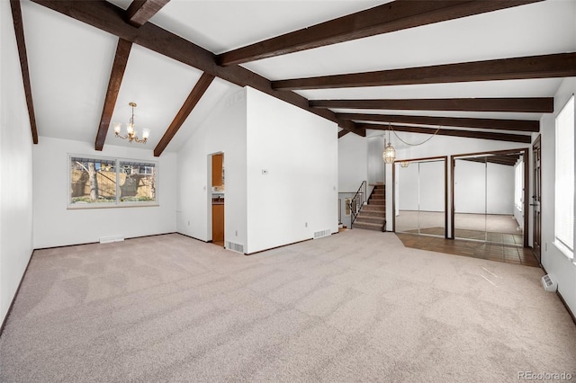 interior space featuring visible vents, light colored carpet, stairway, vaulted ceiling with beams, and an inviting chandelier