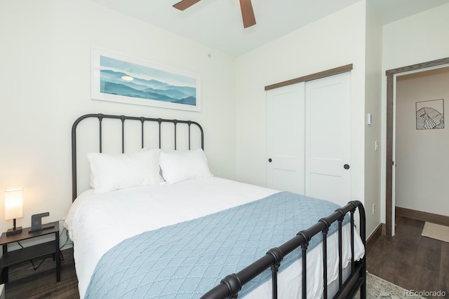 361 Gcr 840 Unit 3, Fraser, CO 80442 - bedroom featuring dark wood-style floors, a closet, and a ceiling fan