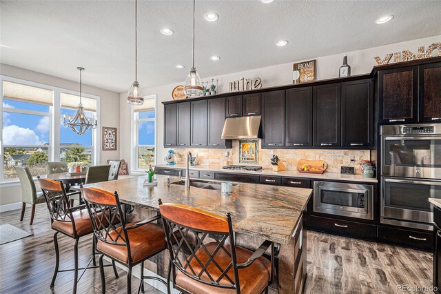 7692 Weaver Cir, Castle Rock, CO 80104 - kitchen with appliances with stainless steel finishes, under cabinet range hood, a chandelier, decorative backsplash, and wood finished floors