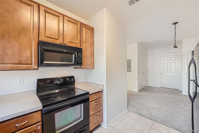 kitchen with light carpet, electric panel, hanging light fixtures, and black appliances