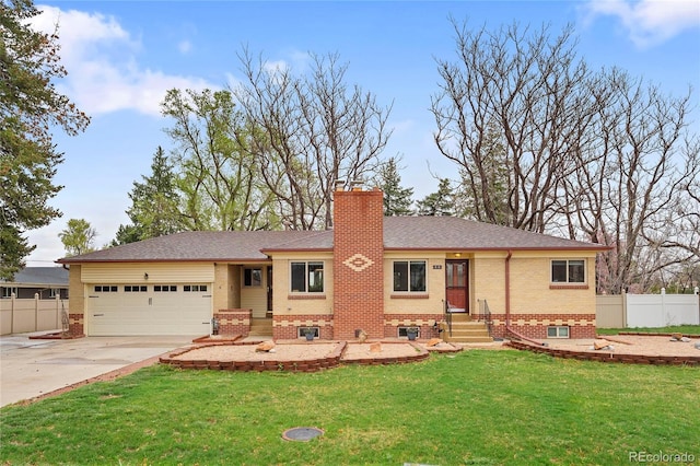 single story home with driveway, a chimney, fence, a garage, and a front yard